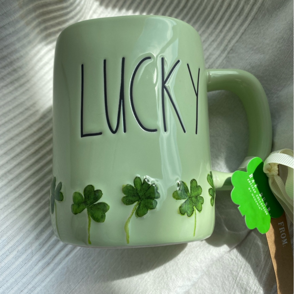 Rae Dunn Mug with Shamrock and Lucky Text
